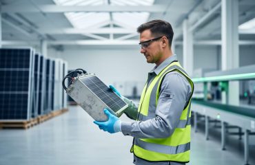 Gloved technician holding a used lithium-ion home solar battery module inside a clean recycling facility, with stacks of solar panels and a conveyor softly blurred in the background under diffused daylight