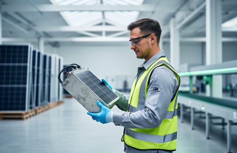 Gloved technician holding a used lithium-ion home solar battery module inside a clean recycling facility, with stacks of solar panels and a conveyor softly blurred in the background under diffused daylight