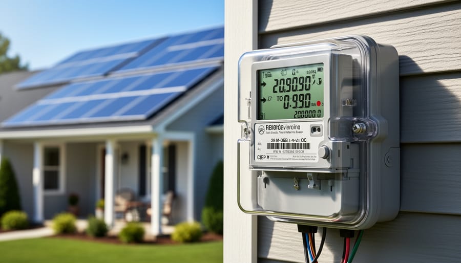 Residential solar panels on rooftop with bidirectional electric meter visible on home exterior