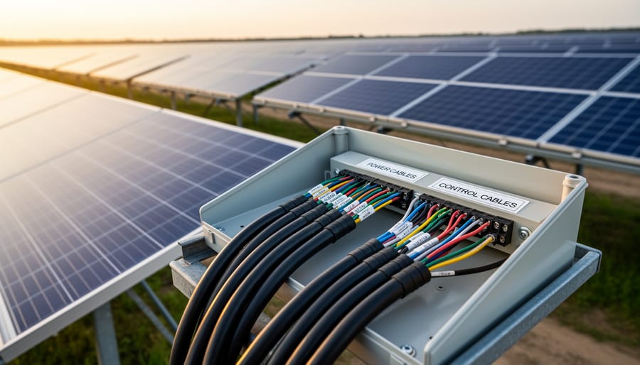Close-up of various electrical cables showing control wires and power cables used in solar systems