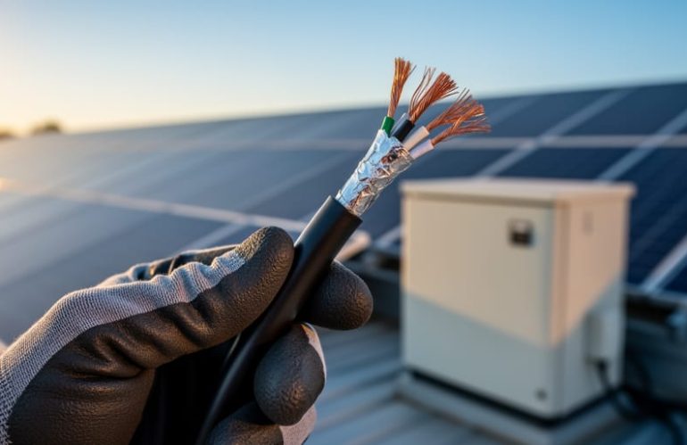 Gloved technician holding a shielded 0-10V dimming cable with thick black insulation and exposed twisted pair, with rooftop solar panels and an inverter cabinet softly blurred in the background under warm side light.