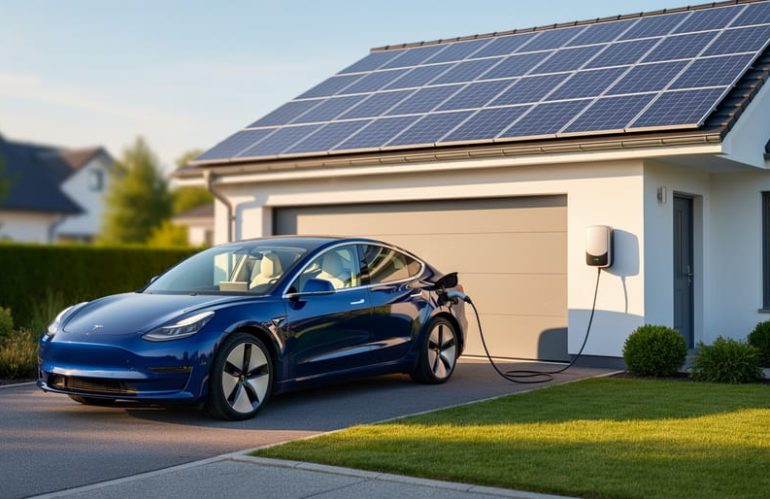 Electric car plugged into a home charger in a driveway, with rooftop solar panels on the house in the background at golden hour, showing solar-powered EV charging.