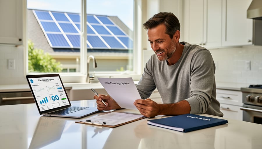 Couple reviewing financial documents and planning solar panel investment at home