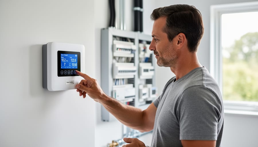 Solar panel inverter display showing performance data on residential rooftop installation