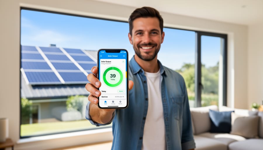 Hand holding smartphone showing solar energy monitoring application
