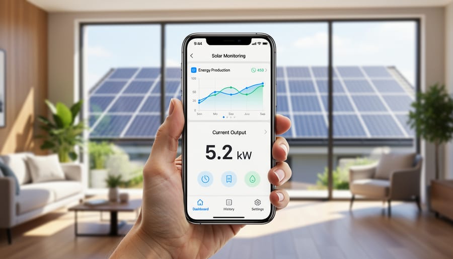 Smartphone showing solar panel monitoring dashboard with residential solar array in background