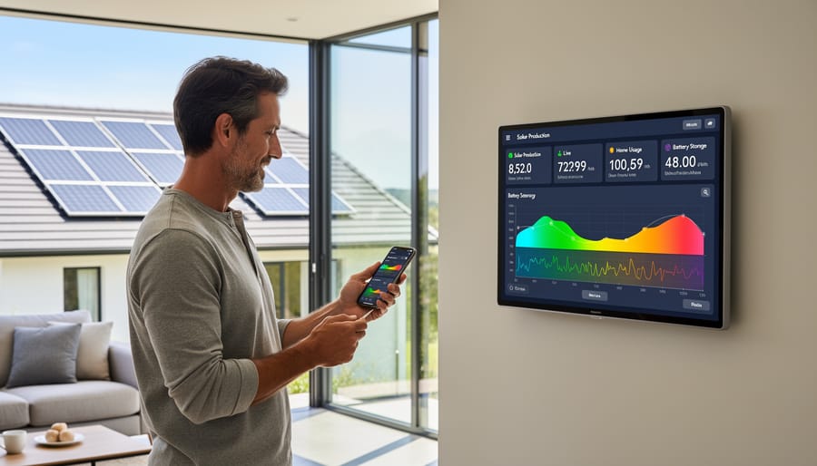 Solar panels on residential roof with monitoring device displaying energy production data