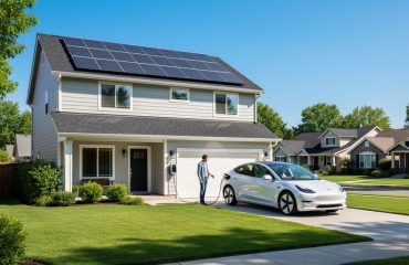 Homeowner plugs an electric vehicle into a driveway charger beside a modern house with rooftop solar panels under bright midday sunlight, with trees and neighboring rooftops in the background.