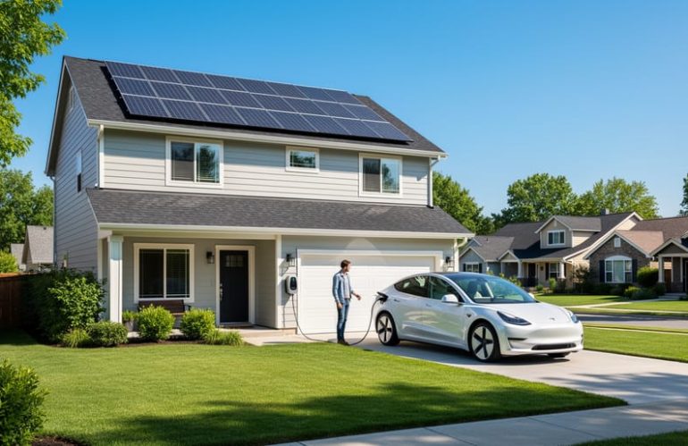 Homeowner plugs an electric vehicle into a driveway charger beside a modern house with rooftop solar panels under bright midday sunlight, with trees and neighboring rooftops in the background.