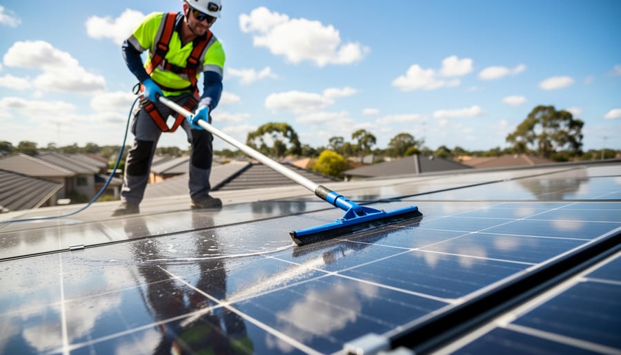Homeowner performing routine maintenance cleaning on rooftop solar panels