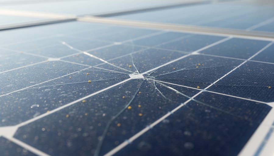 Close-up of solar panel surface showing minor wear and soiling that affects performance