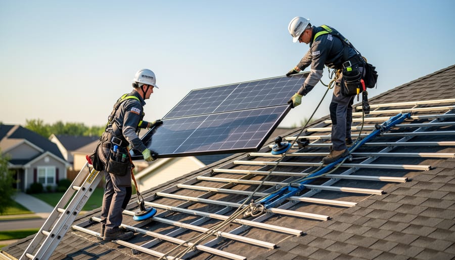 Solar technicians removing panels from residential roof during relocation process