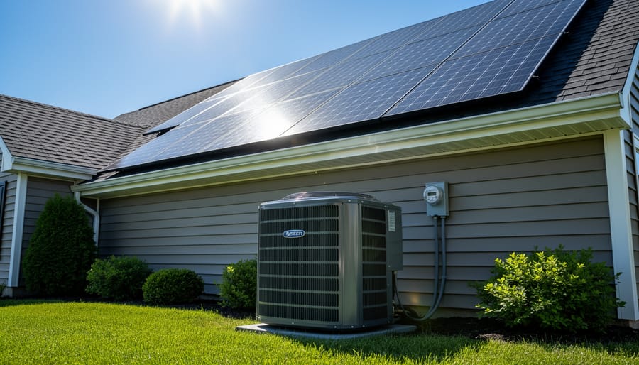 Home with solar panels on roof and air conditioning unit showing integrated energy efficiency