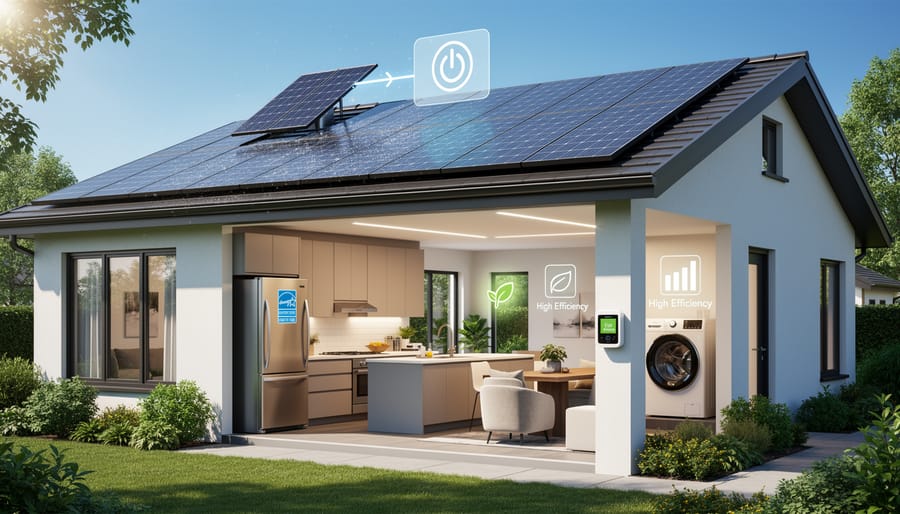 Aerial view of residential solar panels and HVAC system on home rooftop