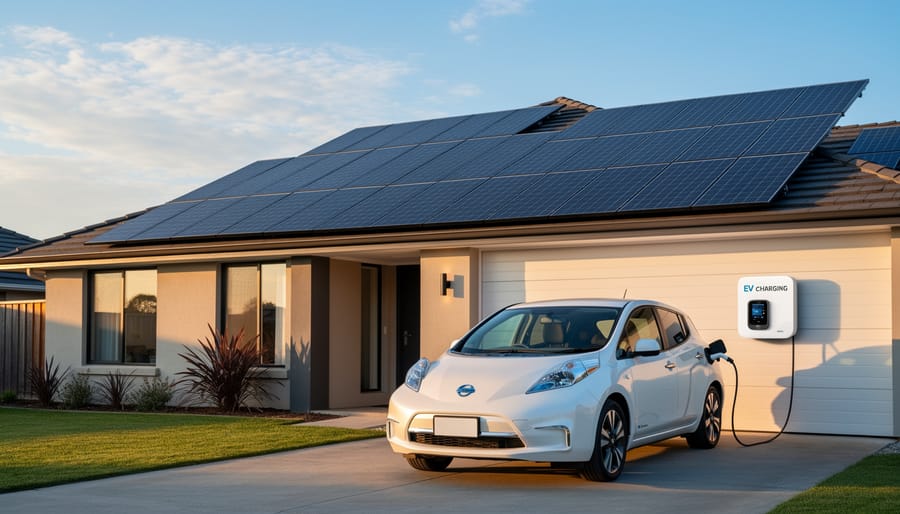 House with rooftop solar panels and electric car charging in driveway