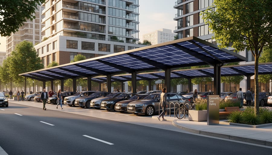 Solar panel canopy installation covering urban parking lot