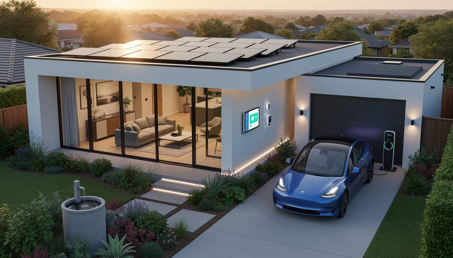 Residential home with solar panels and smart home security devices installed