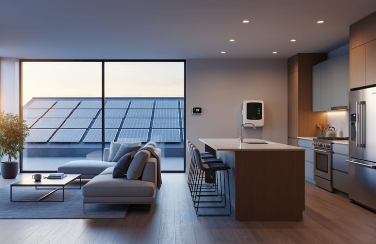 Sunlit modern living room and kitchen with smart thermostat and appliances, rooftop solar panels visible through large windows, illustrating a connected solar-powered home.