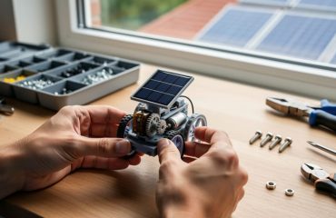 Hands assembling a small solar-powered robot with a mini photovoltaic panel on a wooden workbench in natural daylight, with a blurred parts tray, tools, and rooftop solar panels visible through a window.