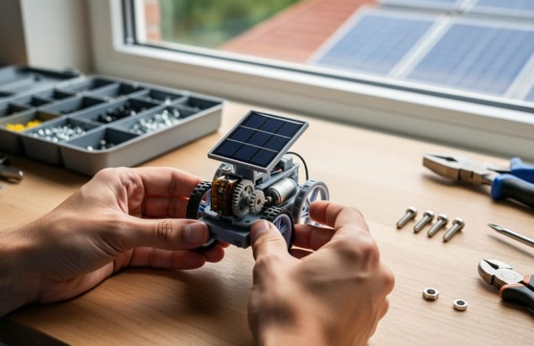 Hands assembling a small solar-powered robot with a mini photovoltaic panel on a wooden workbench in natural daylight, with a blurred parts tray, tools, and rooftop solar panels visible through a window.