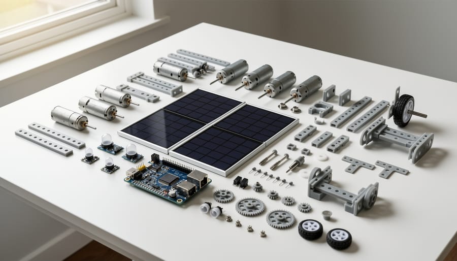 Solar robot kit components including solar panels, motors, and circuit boards laid out on workspace