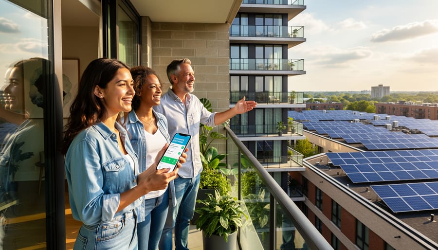 Urban residents on apartment rooftop looking toward community solar installation