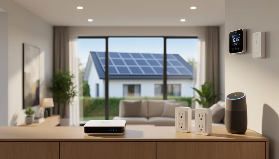 Z-Wave smart home hub with LED indicator next to voice assistant device on desk