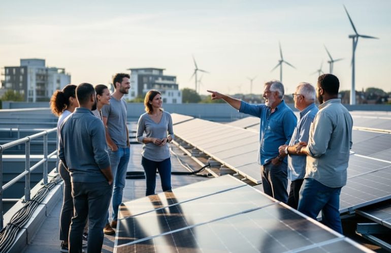 Diverse group of people meeting on a rooftop near solar panels, symbolizing community-driven meaning in the energy transition.