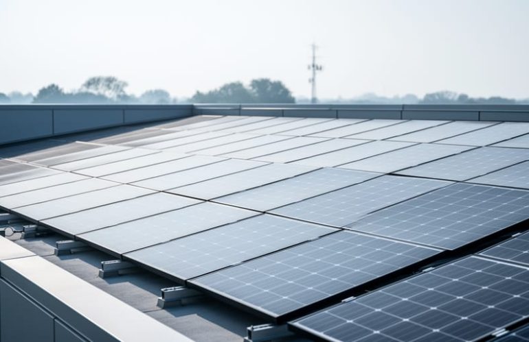 Solar panels installed on the rooftop of a government building under natural daylight, representing public solar financing for 2026 projects.