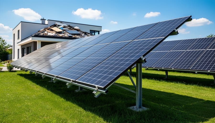 Ground-mounted solar panels installed near a manufactured home with the house visible in the background.