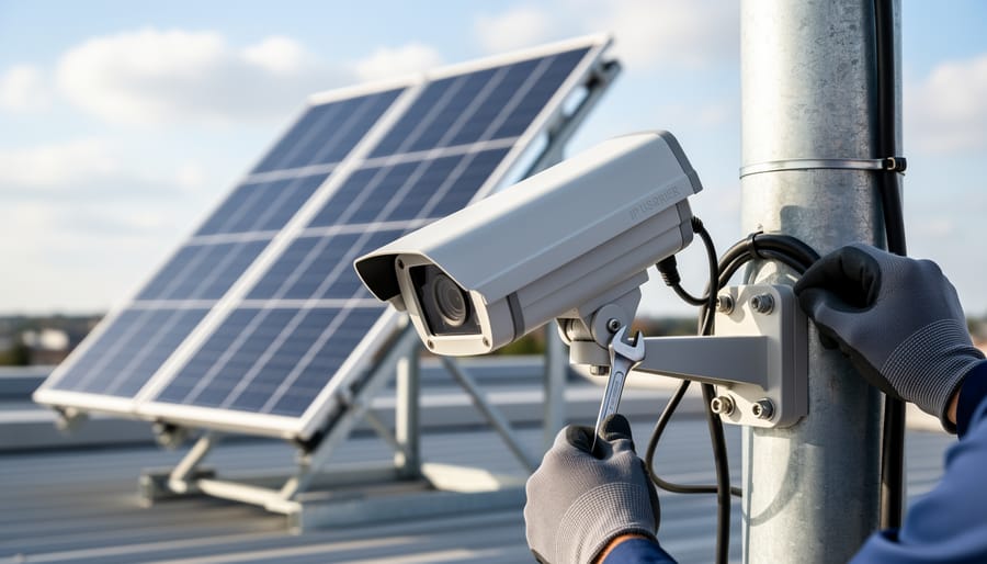 Home installer securing a PTZ camera bracket on an exterior wall near a solar inverter
