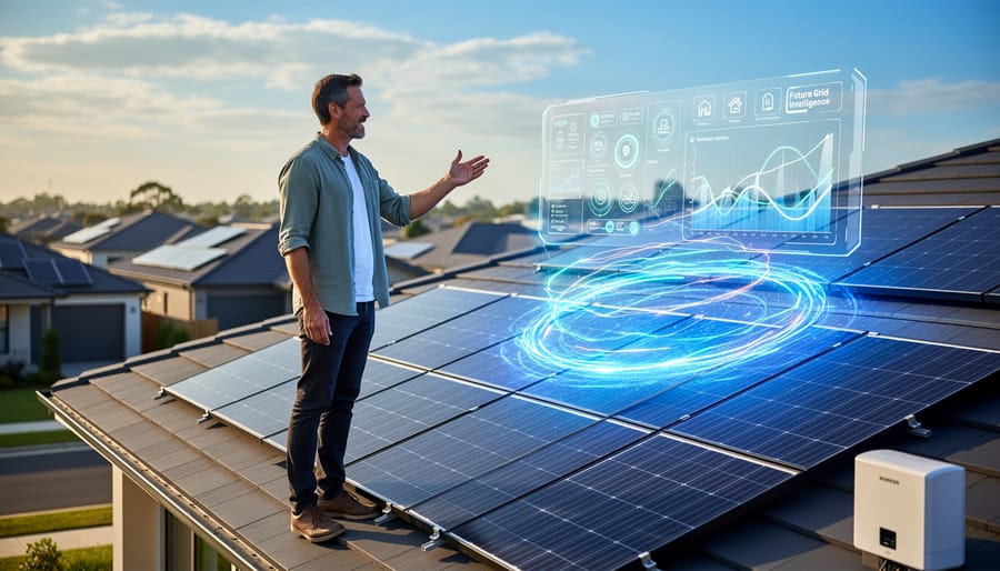 Homeowner standing near rooftop solar panels in a sunny backyard