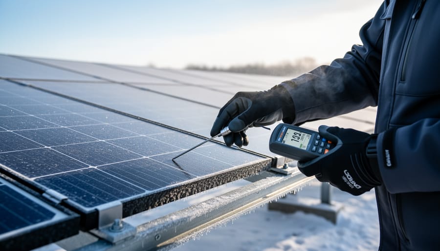 Installer using a temperature probe near a solar panel on a snowy rooftop