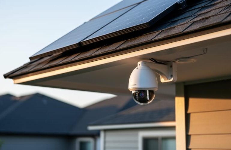 Solar-powered PTZ alert camera mounted on a home roof near solar panels, representing 24/7 outage monitoring.