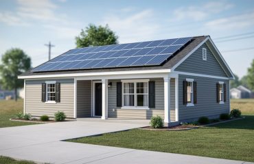 Roof-mounted solar panel system on a manufactured mobile home under bright daylight.