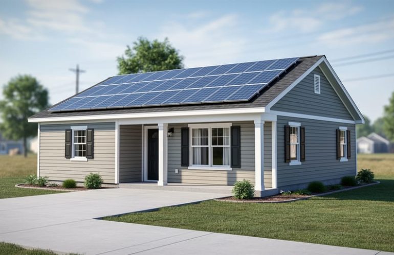 Roof-mounted solar panel system on a manufactured mobile home under bright daylight.