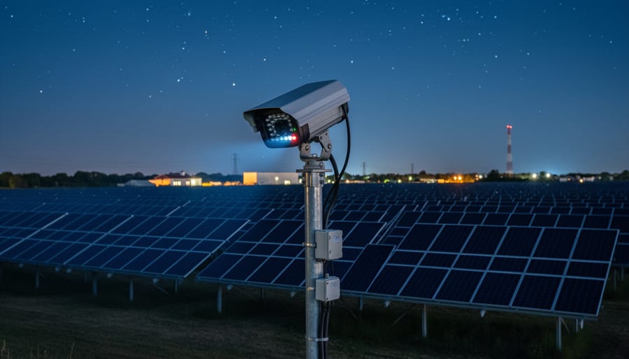 Nighttime view of a home with solar panels and subtle security lighting supporting continuous monitoring
