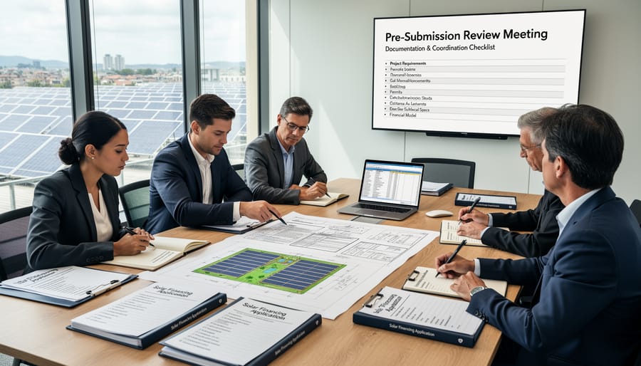 Project team reviewing documents and paperwork for a solar financing application in an office