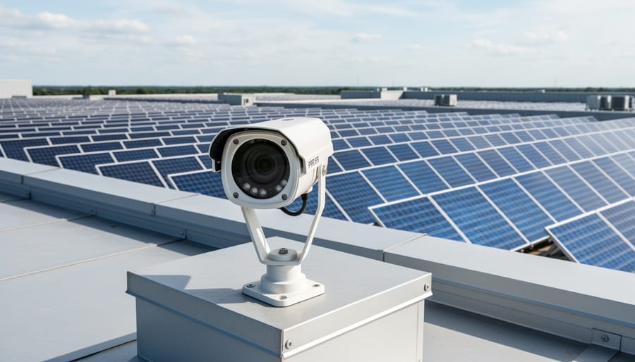 PTZ solar alert camera mounted under a home eave with solar panels in the background