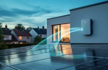 Rooftop solar panels and a home battery storage unit at dusk with glowing light trails suggesting optimized energy flow across a neighborhood microgrid.