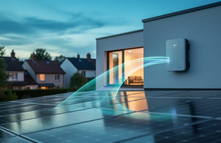 Rooftop solar panels and a home battery storage unit at dusk with glowing light trails suggesting optimized energy flow across a neighborhood microgrid.