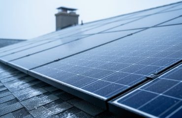 Modern rooftop solar panels on a home in a cold climate, showing cool-toned panels with subtle winter frost on the roof.