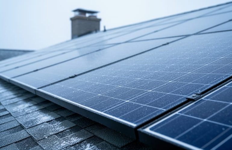 Modern rooftop solar panels on a home in a cold climate, showing cool-toned panels with subtle winter frost on the roof.