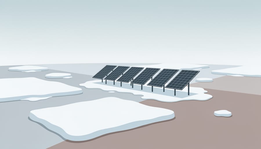 Residential rooftop showing snow clearing around mounted solar equipment in winter sunlight