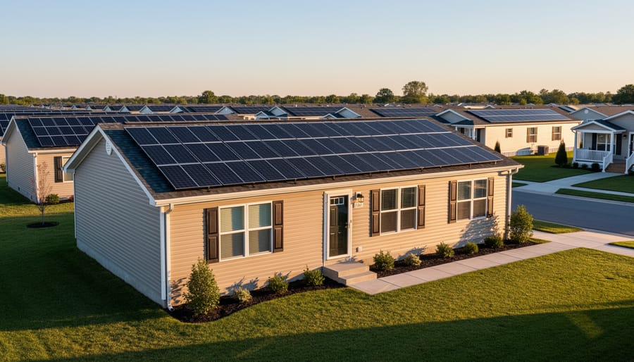 Roof-mounted solar panels installed on a manufactured home in a sunny mobile home community.
