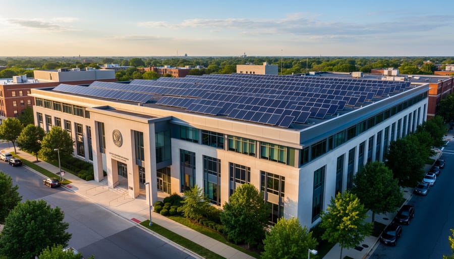 Solar panels mounted on the rooftop of a municipal building under a bright overcast sky