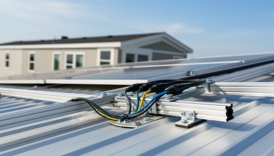 Technician installing solar wiring and conduit connections on a mobile home rooftop.