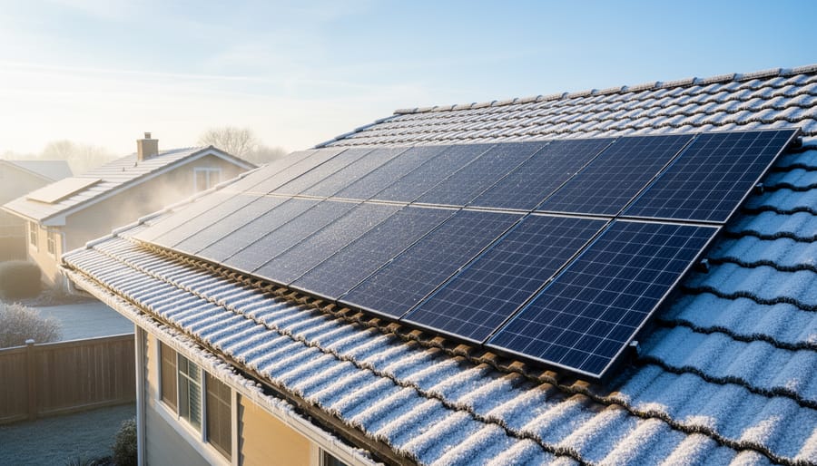 Winter frosted solar panels on a residential roof under bright sunlight