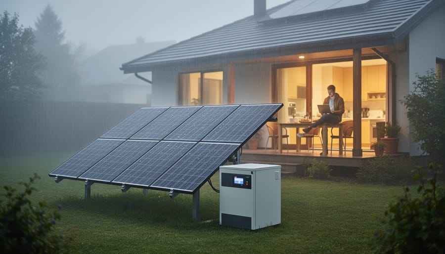 Homeowner standing beside solar power equipment near a garage in overcast weather.