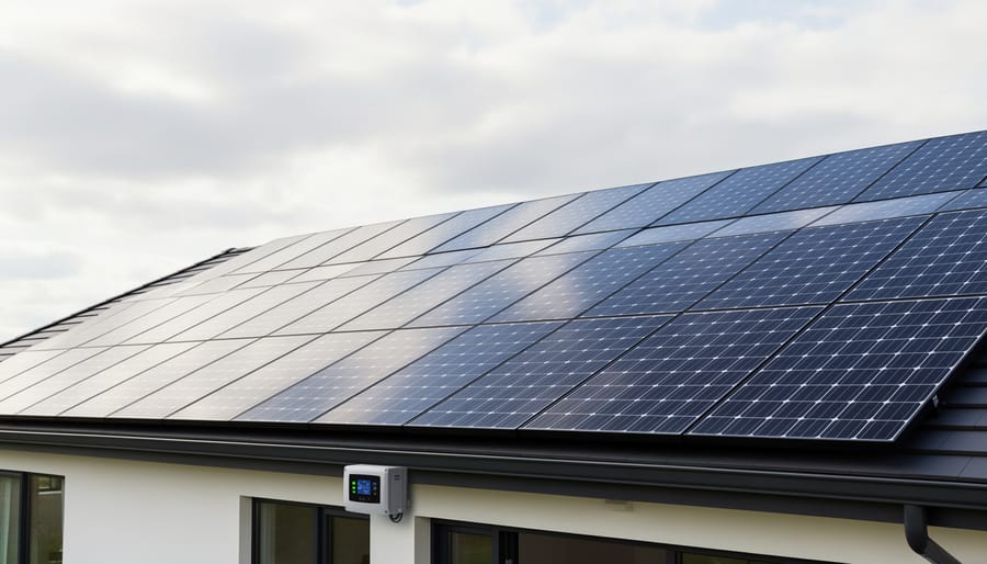Residential solar panels mounted on a roof during bright overcast weather with a gray sky.